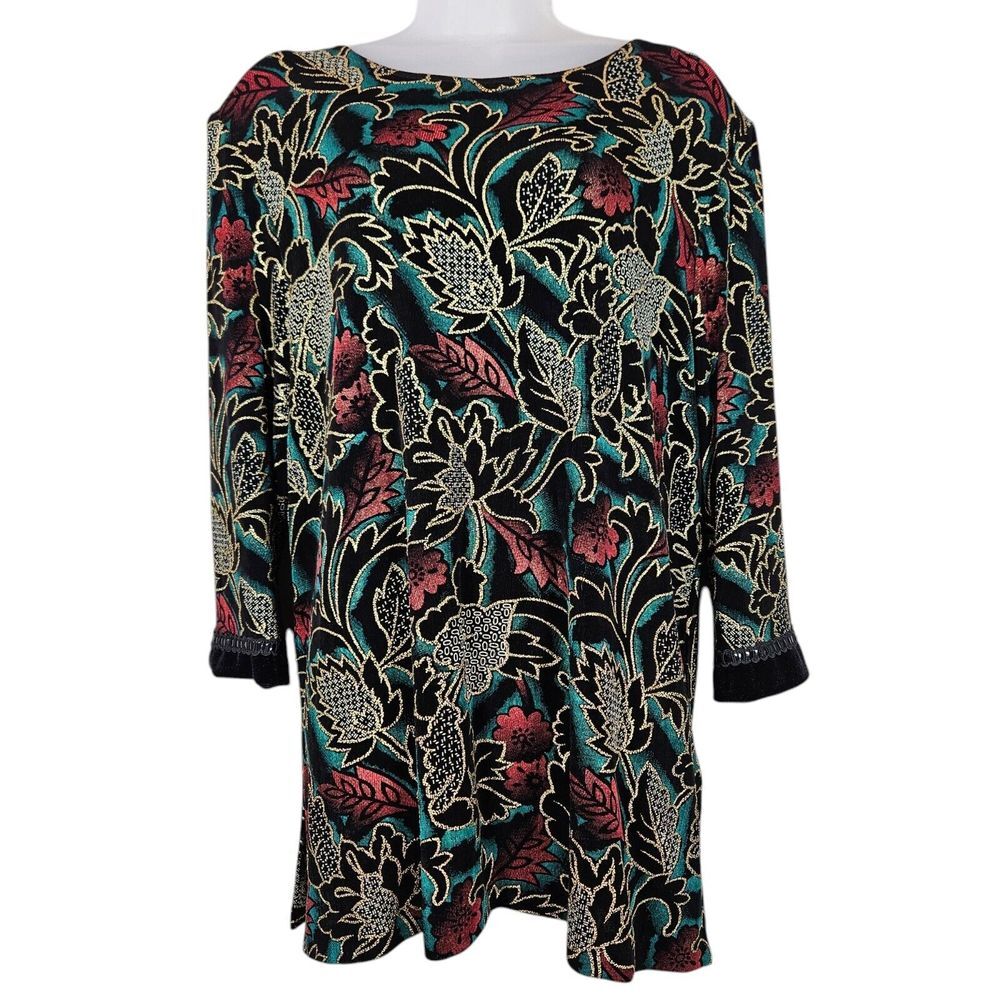 R&M Richards by Karen Kwang Top 14 Multicolor Gold Embroidered Leaves Holidays